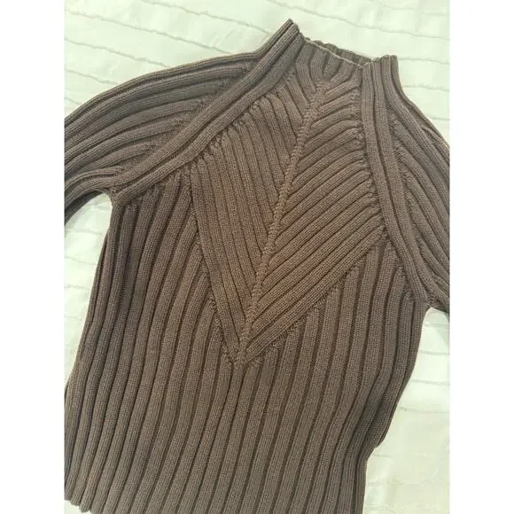 Ribbed Mock Neck Sweater Women's Small Brown Cotton Dark Academia Minimalist - Picture 16 of 16
